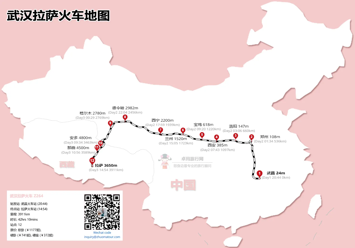 武汉-拉萨火车地图